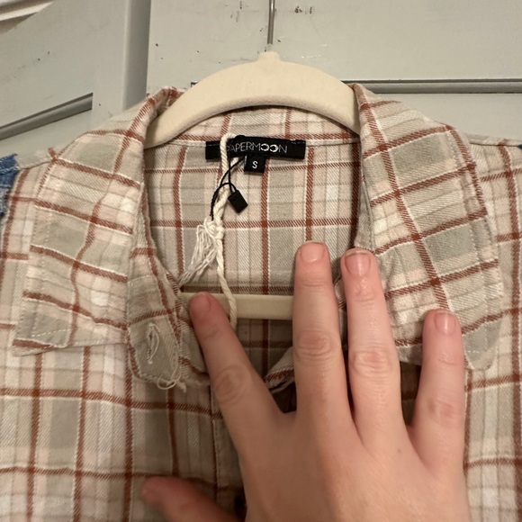 Papermoon Blue and Cream Plaid Shirt Jacket with Orange Pocket - Picture 2 of 2